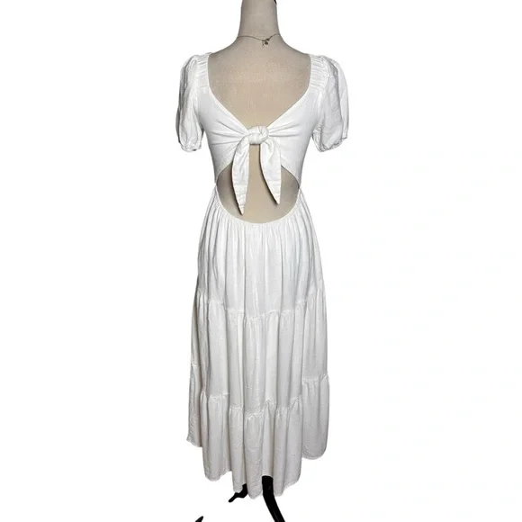 Sadie & Sage White Cottagecore Puff Sleeve Tie Back Midi Dress Boho Prairie S - Picture 2 of 13